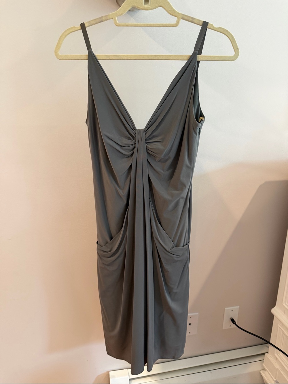 Laundry By Shelli Segal Gray Draped V-Neck Midi Dress